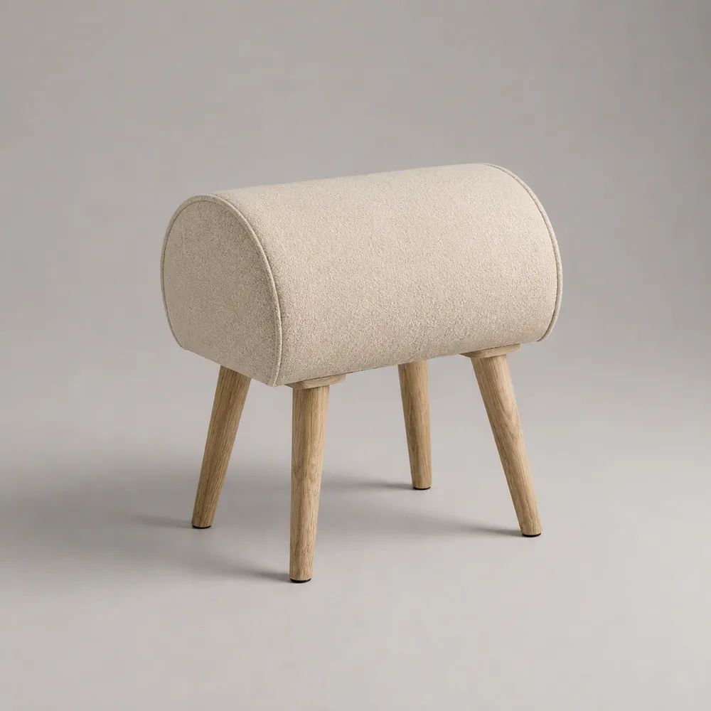 Gepolsterter Sitzhocker aus Stoff und Holz, halbrund, Creme/Natur, 55 × 35 × 52 cm