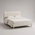 Polsterbett Doppelbett 160 x 200 cm mit Lattenrost, Polyesterbezug und Massivholzbeinen, 214 x 169 x 110 cm, Cremeweiß/Natur