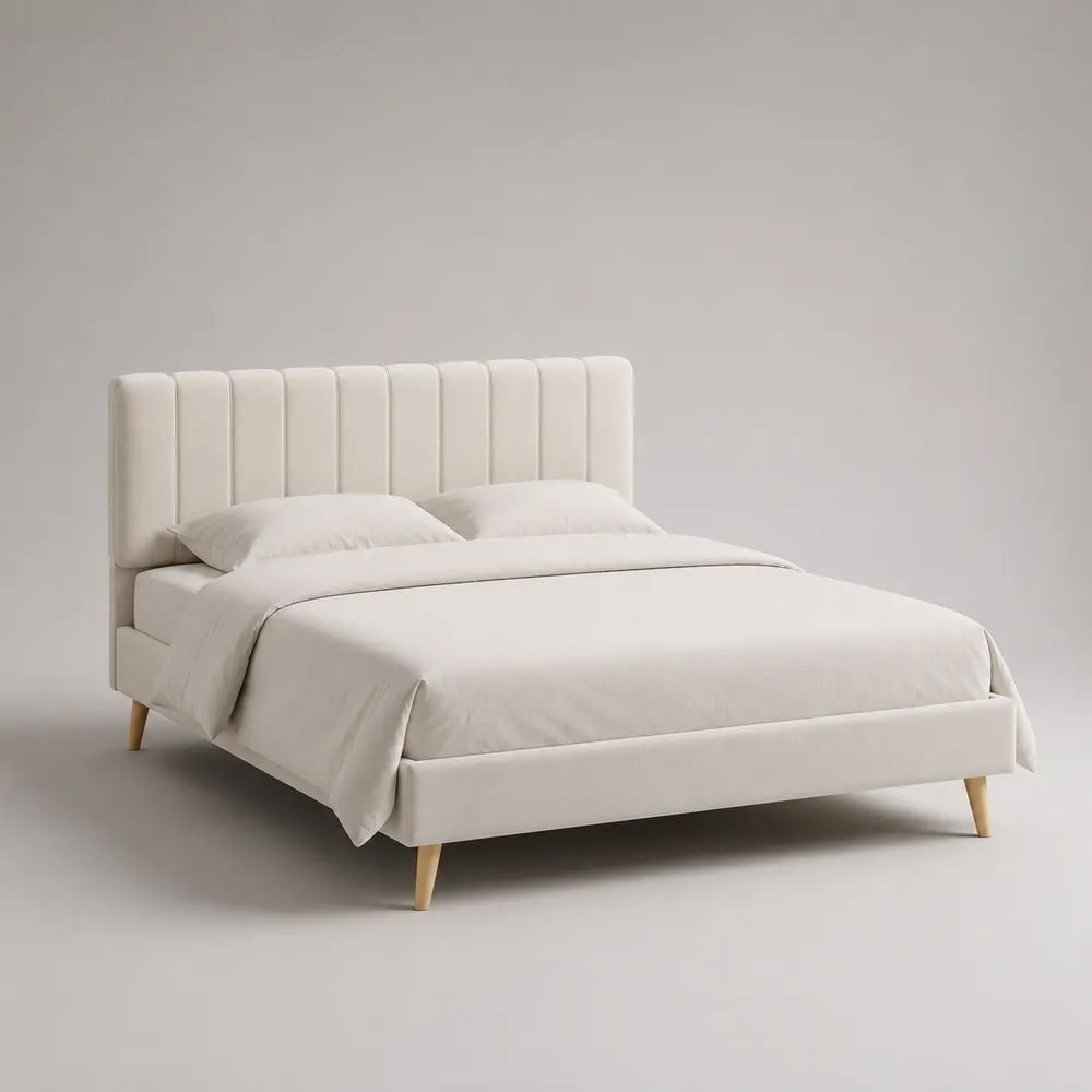 Polsterbett Doppelbett 160 x 200 cm mit Lattenrost, Polyesterbezug und Massivholzbeinen, 214 x 169 x 110 cm, Cremeweiß/Natur