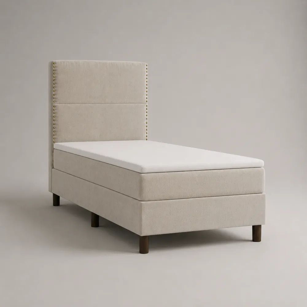Boxspringbett-Set 90 × 200 cm, Gesamtmaß 99 × 212 × 120 cm, Einzelbett mit Matratze, Topper und gepolstertem Kopfteil, Stoff, Beige