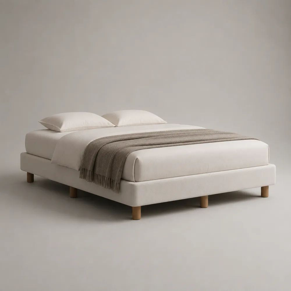Polsterbett mit Lattenrost 160 × 200 cm, cremeweißes Bettgestell mit Holzfüßen