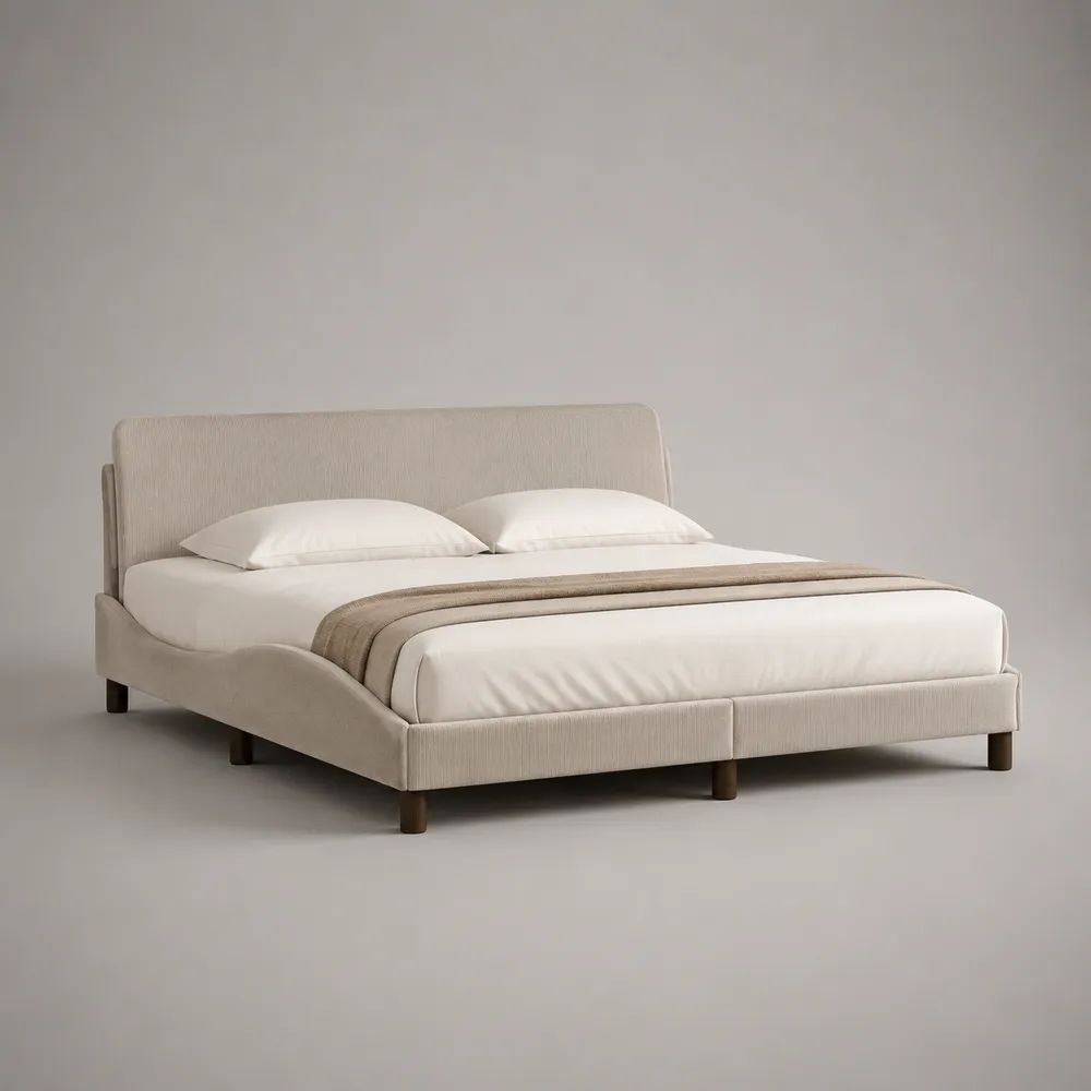 Polsterbett Doppelbett 180 x 200 cm, Gesamtmaß 220 x 198 x 105 cm, gerippter Stoffbezug, gepolstertes Kopfteil, Beige