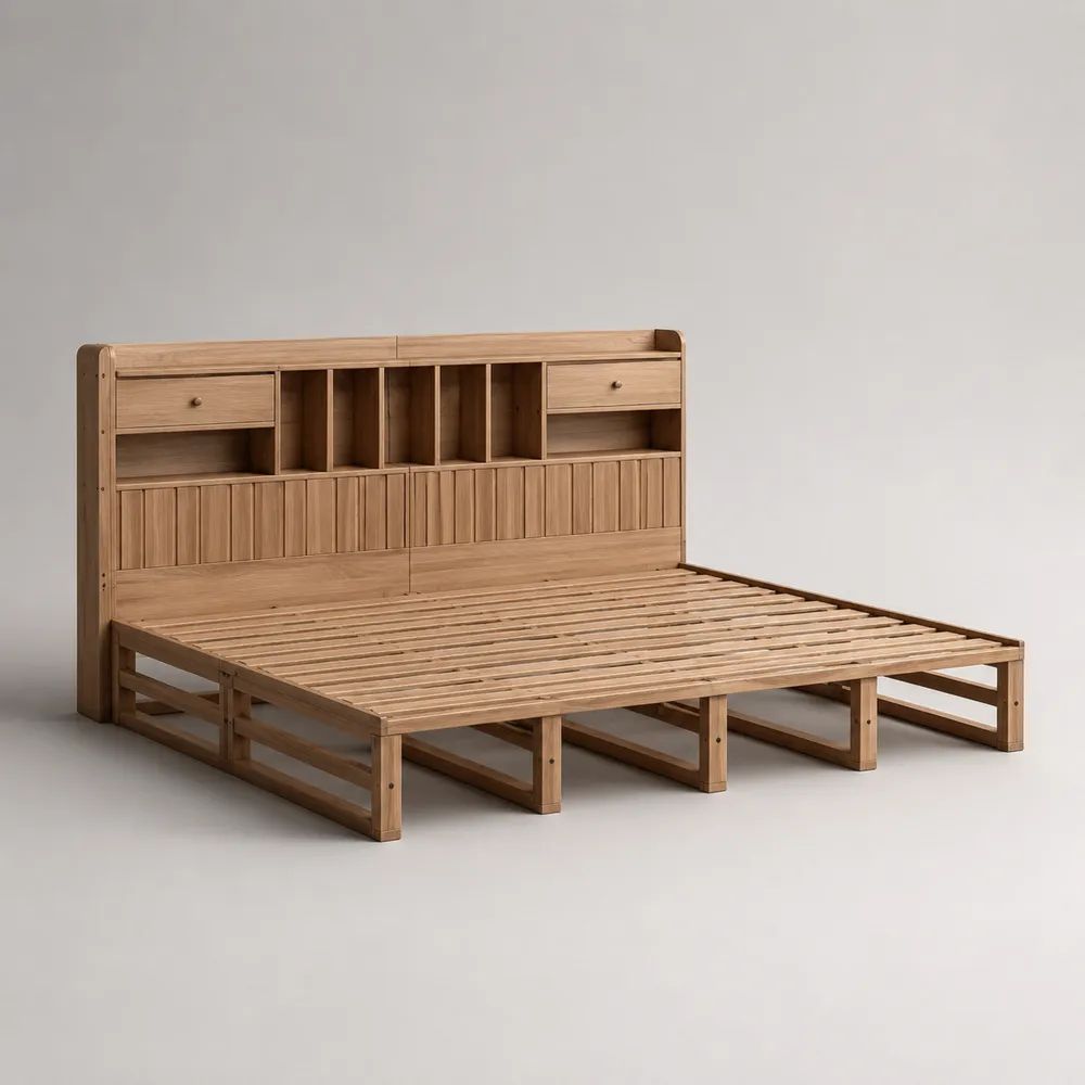 Doppelbett aus Holz mit Stauraumkopfteil und Lattenrost, Naturbraun, Liegefläche 160 × 200 cm