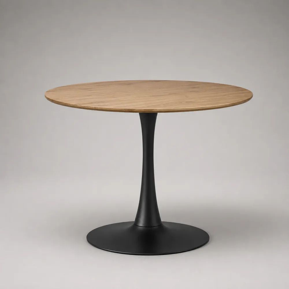 Runder Esstisch aus MDF mit Eichenfurnier und Stahlgestell, Natur/Schwarz, Ø 110 × H 75 cm