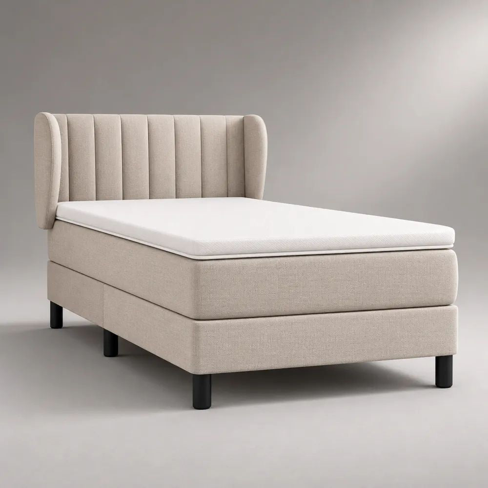 Gepolstertes Boxspringbett mit Kopfteil, Matratze und Topper, 140 x 200 cm, Beige