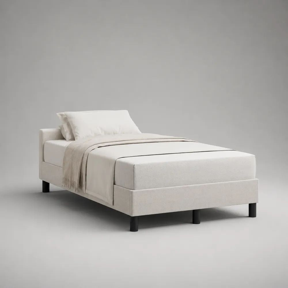 Polsterbett Einzelbett 90 x 200 cm mit Polyesterbezug, Massivholzrahmen und Lattenrost, Cremeweiß mit schwarzen Metallfüßen
