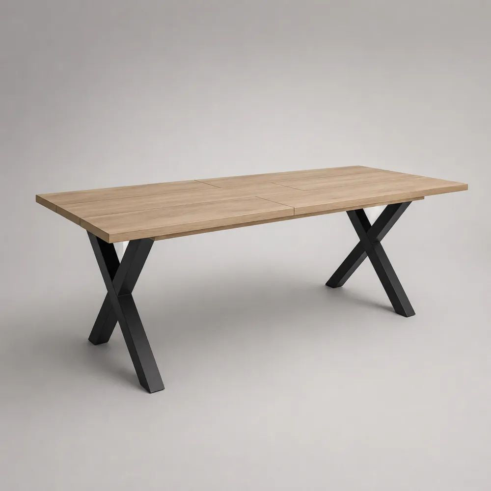 Ausziehbarer rechteckiger Esstisch aus Holz und Metall, Natur/Schwarz, 180–260 × 90 × 76 cm