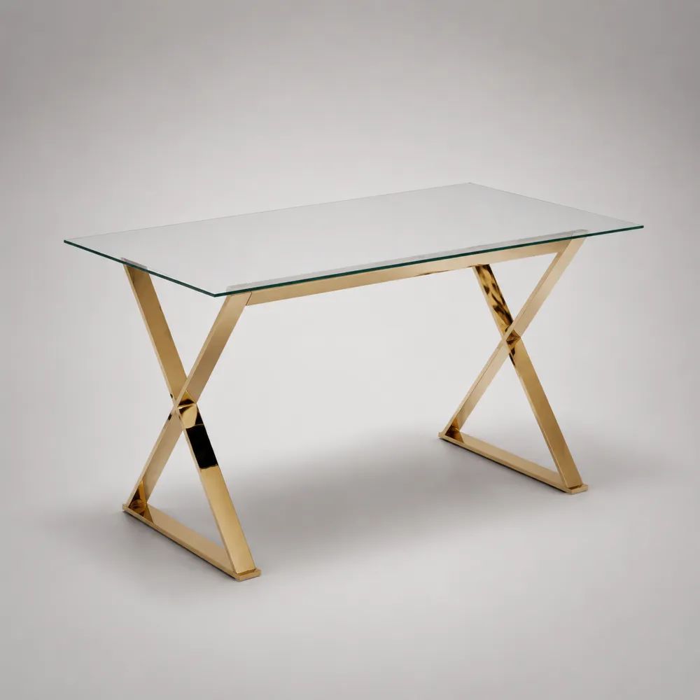 Rechteckiger Esstisch aus 8 mm starkem Glas und Edelstahl, Transparent/Gold, 120 × 70 × 75 cm