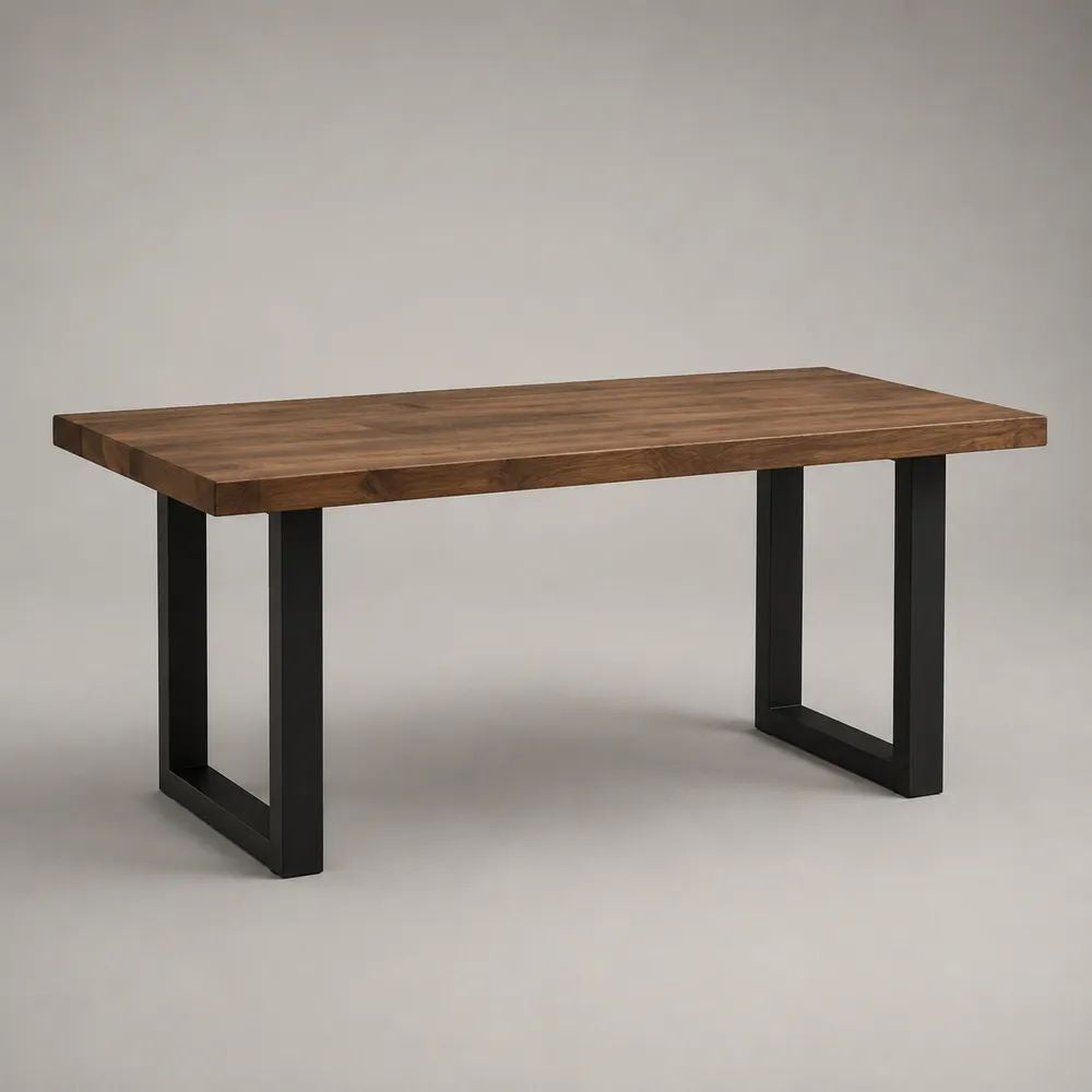Rechteckiger Esstisch aus massivem Akazienholz mit Stahlgestell, Braun/Schwarz, 160 x 80 x 76 cm